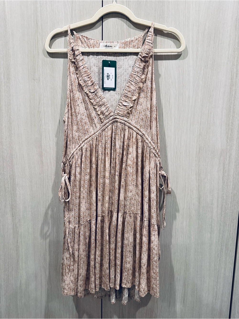 mahina Taupe Boho Ruffle V-Neck Mini Dress NWT